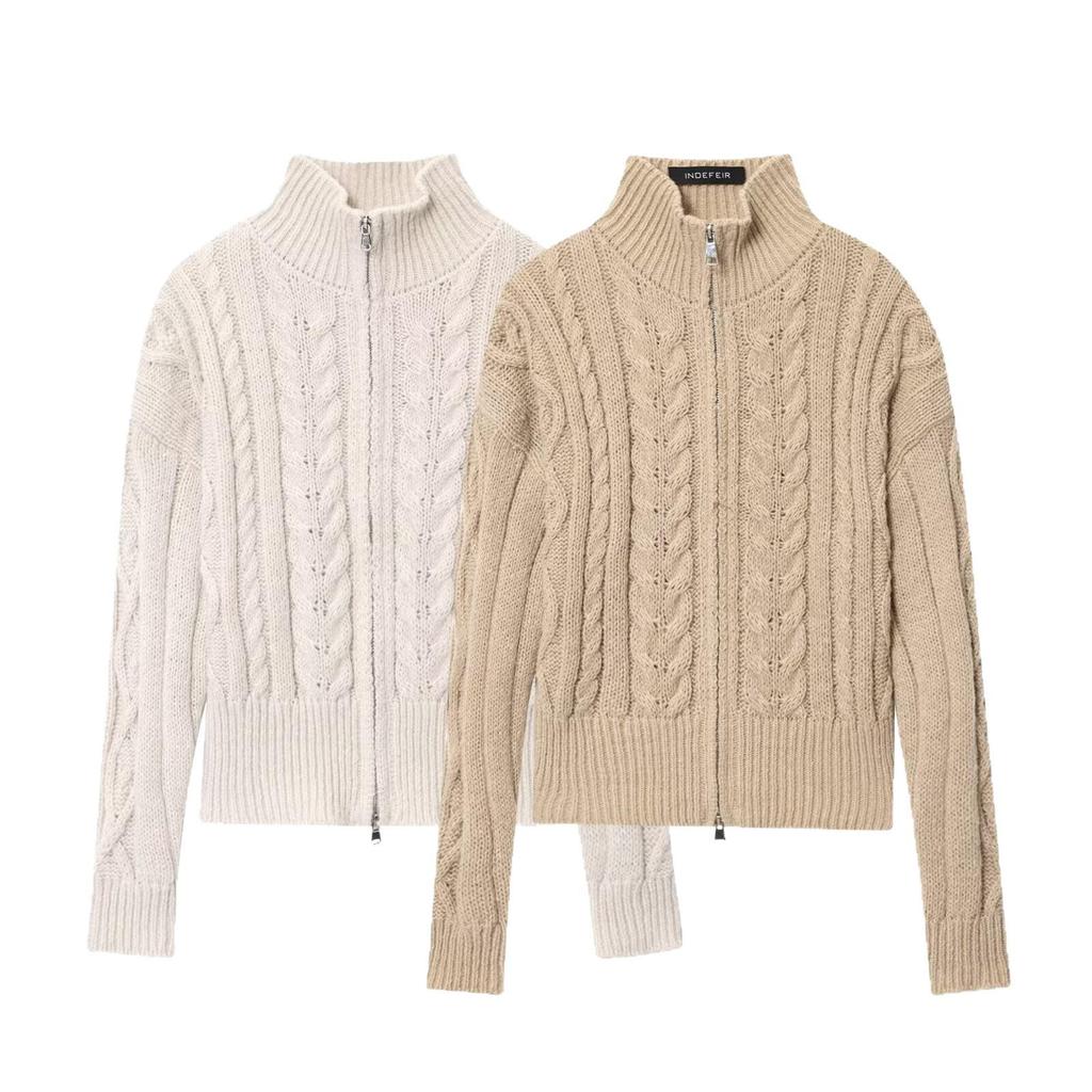2025 Autumn Women's European & American High-End Cable Knit Stand Collar Cardigan with Zipper