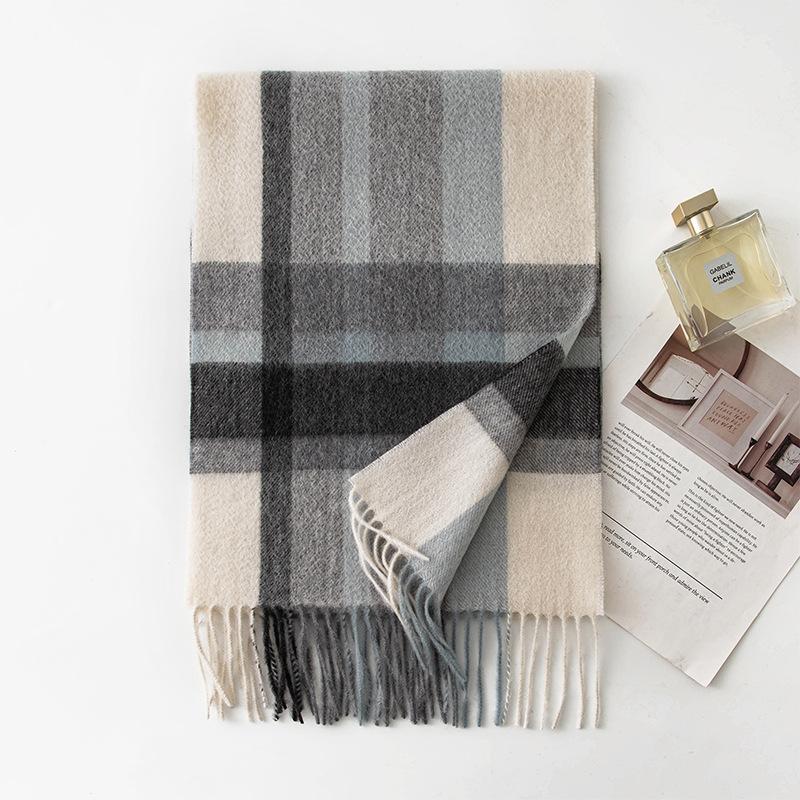 

Осенне-зимний шарф из чистого кашемира в корейском стиле для длинных женщин, синий клетчатый кашемировый теплый шарф для шеи, парный шарф 180*30cm