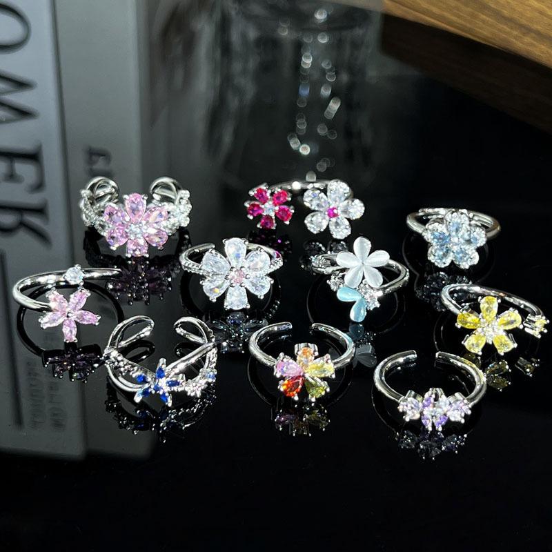 Colorful Zircon Flowers Exquisite Binning Flowers Small Building Sweet Opening Ring Women's Hot Sale High-end Light Luxury Versatile Ring
