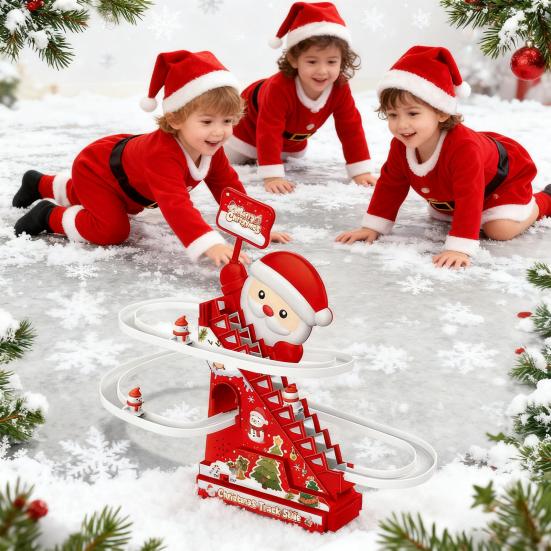 Christmas Climbing Stairs Slide Toy with Music Light Toddlers Boys Girls Santa Claus Roller Coaster Sliding Race Track Toy with 3 Little Snowman