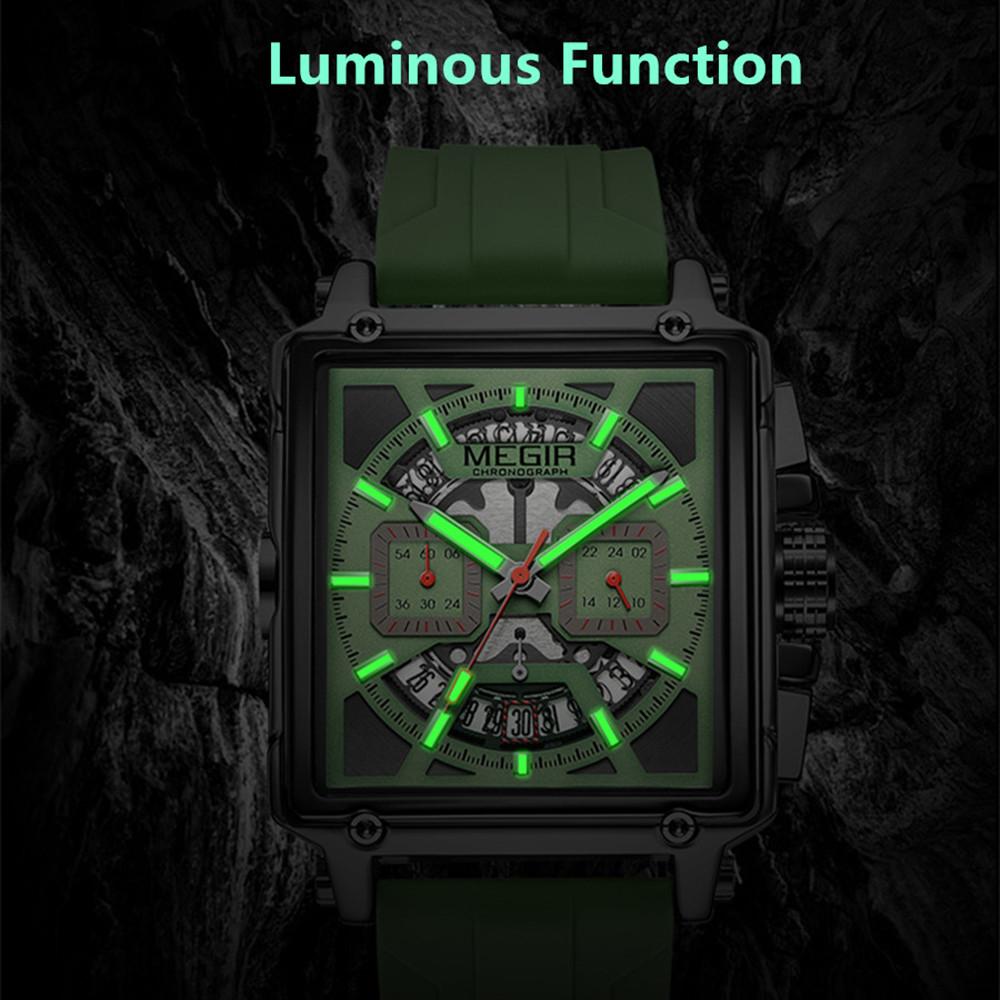 MEGIR Men's Square Chronograph Watch 3ATM Waterproof Quartz Sport Wristwatch for Men with Date & Stopwatch Relogio Masculino