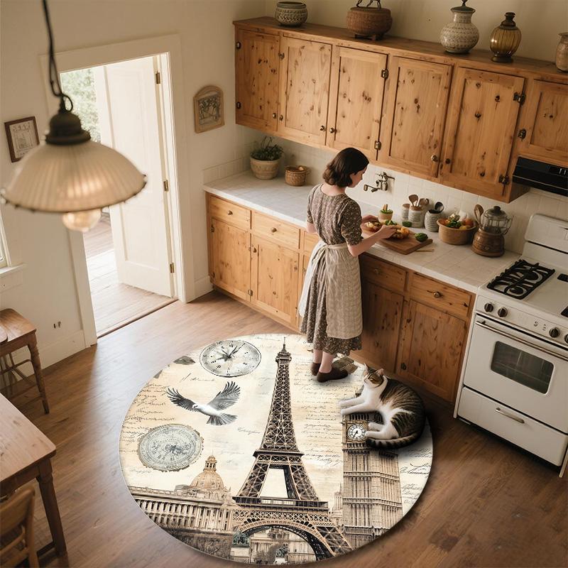 Vintage Eiffel Tower,Round Area Rug,Carpet Rug for Living Room Bedroom Sofa Playroom Decor,Non-slip Floor Mat