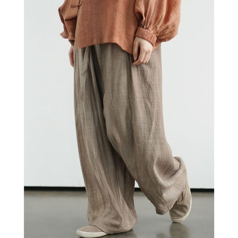 Johnature Women Vintage Pants Elastic Waist Solid Color Belt Trousers Summer Loose Pockets Long Pants