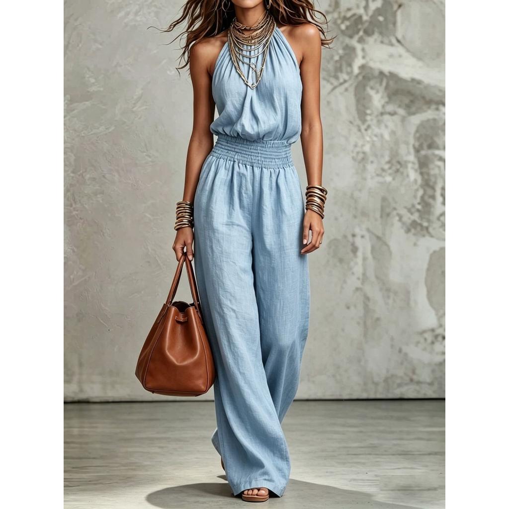 Mono de mujer con cuello halter sin mangas, cintura elástica, pierna ancha, casual de verano, color liso