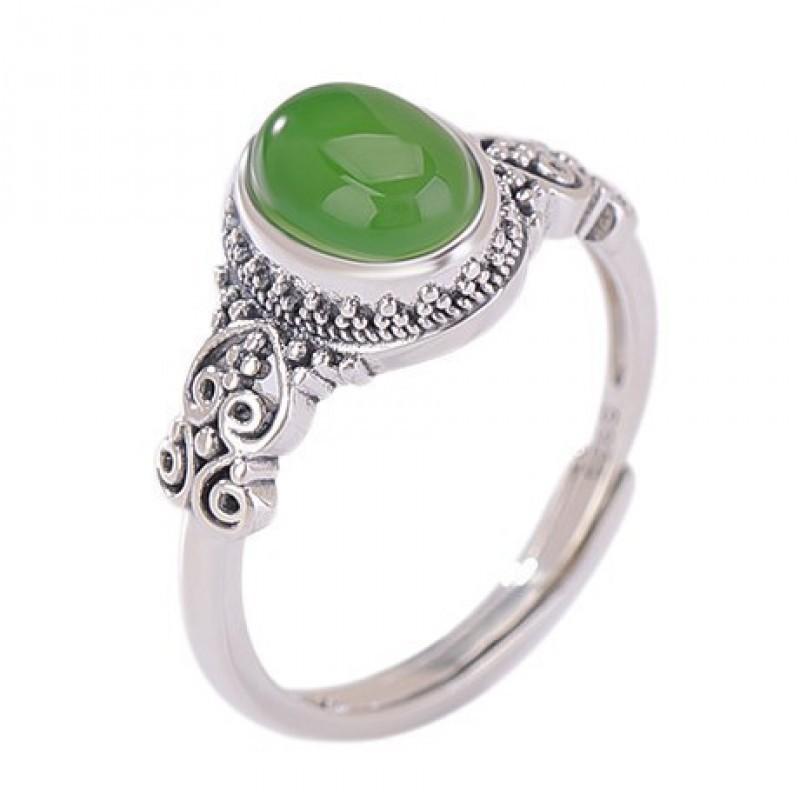 Adjustable Vintage-Inspired Oval Jade-Look Ring Women Men Geometric Boho Statement Jewelry