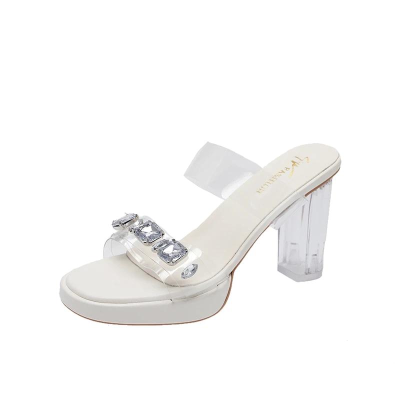 Sandale cu toc înalt pentru femei, vara 2024, îmbrăcăminte exterioară nouă, cu platformă cu strasuri transparente, sandale sexy cu toc gros din cristal, cu zână