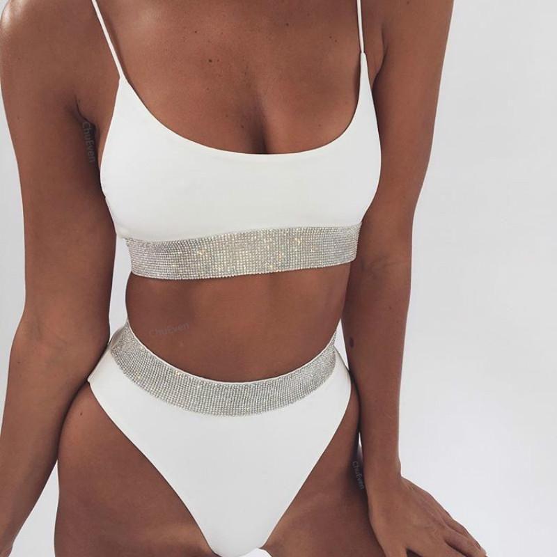 Sexy Twopiece High Waist Bikini Swimsuit Lady Beach Color Sequins Solid
