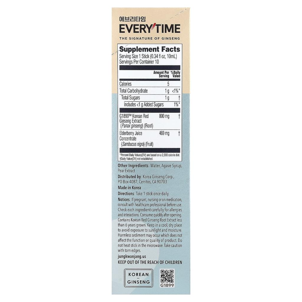JungKwanJang, Everytime, Immune Support, Korean Red Ginseng & Elderberry, 10 Liquid Sticks, 10ml (0.34 Fl Oz) Each