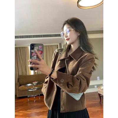 Coffee Faux Suede Short Jacket for Women, Loose Fit Vintage Coat for Spring and Autumn