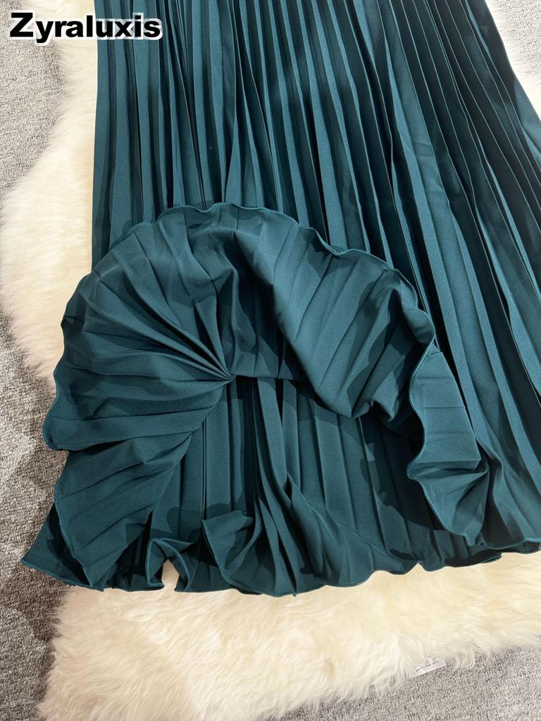 Wavy Edge Pleated Skirt High Waist Slimming Office Wear Versatile Long Dress for Women