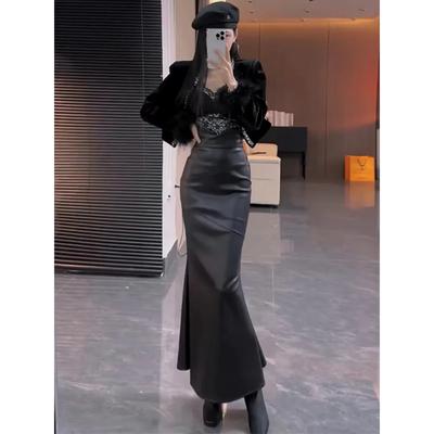 Retro Black PU Leather Fishtail Spring Autumn New Ultra-high Waist Slim Hip Covering Long Skirt