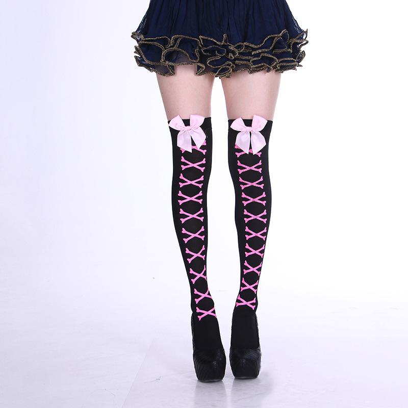 Bas Sexy Bas Halloween en Coton Bas à Nœud Bas de Costume Bas Gothique Lolita Bas au Genou Bas Hauts Cuisses One Size gray