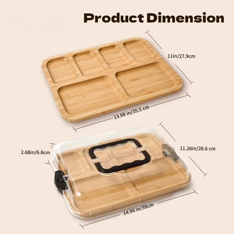 Cheese Tray with Grid Snack Tray Wooden Cheese Board Picnic Box Fruit Bento Box Suitable for Outdoor Travel Camping Vacation