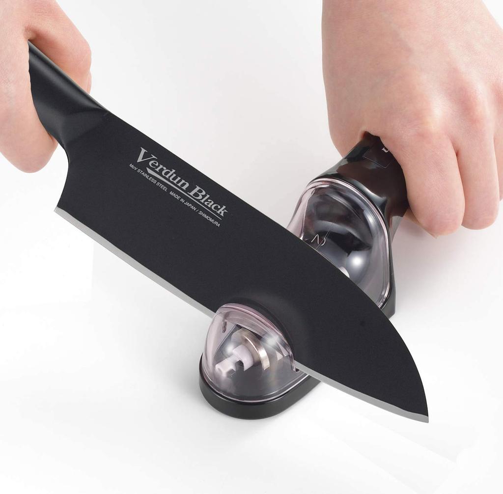 Shimomura Kogyo Verdun Black Santoku Knife Antibacterial Double Sharpener Set Made In Niigata & (OVB-913) Tsubame-Sanjo,