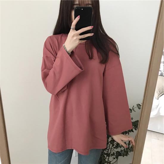 Women Autumn Long Sleeve Loose Fit Solid Color Casual O Neck Top T-Shirt Blouse