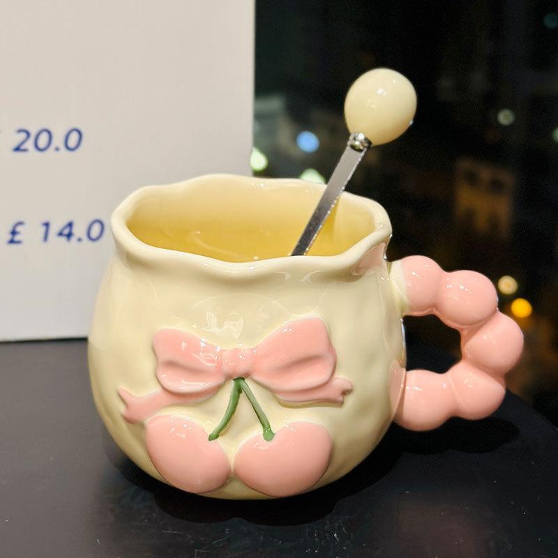 Vintage Relief Cherry Ceramic Mug With Spoon Pink Girlish Heart Office Coffee Cup Underglaze Color Souvenir