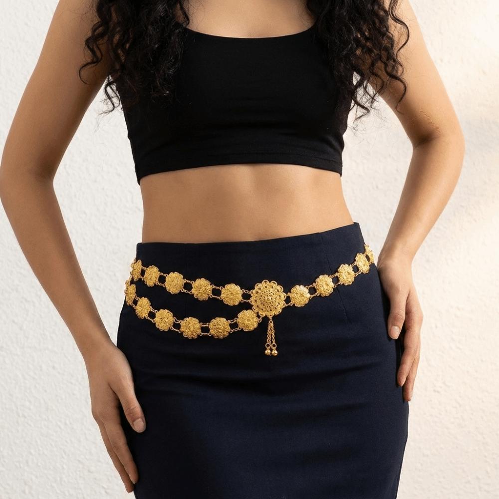 Retro Water-Sprinkling Festival Waist Chain Carved Design Hollow Out Thai Belly Waist Chain Gold Color Tassel Detail Metal Belt