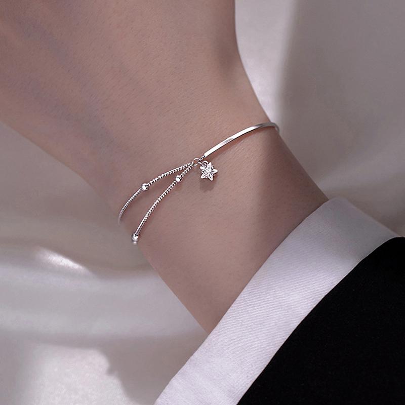 Zircon Star Pendant Half Bangle Half Bracelet For Women Girl Double Layer Bracelet Birthday Festival Christmas Gift