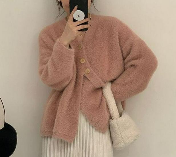 Women's Mid-Length V-Neck Mink Cashmere Cardigan Coat - Autumn/Winter