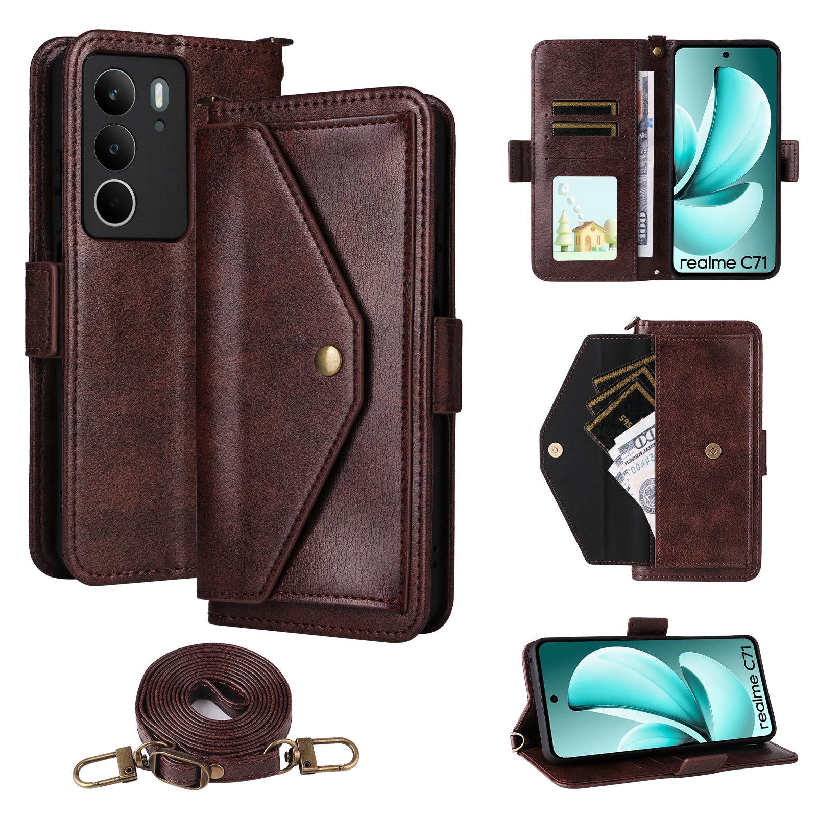 

Кожаный чехол для Realme C75 4G/C71 4G с магнитной застежкой, кошельком и подставкой, чехол для телефона с ремешком через плечо Brown