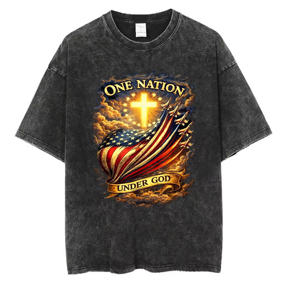 

American Flag Butterfly Cross T Shirt Floral Design Vintage Washed Cotton Casual Tops for Patriotic Christian Believers S