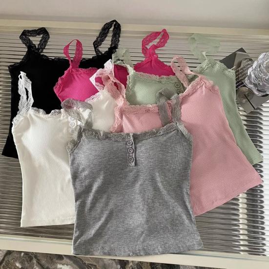 Women Sling Vest Pure Color Lace Splicing Bottom Tops with Built-in Chest Pad Soft Stretchy Camisole Work Party Vacation Wear