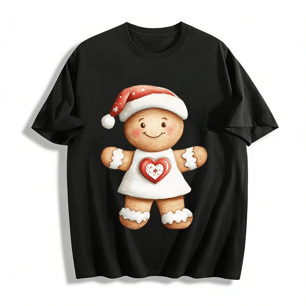 

Christmas Gingerbread Man Heart Print Casual Loose Long Sleeve Top Pure cotton T-shirt XXS