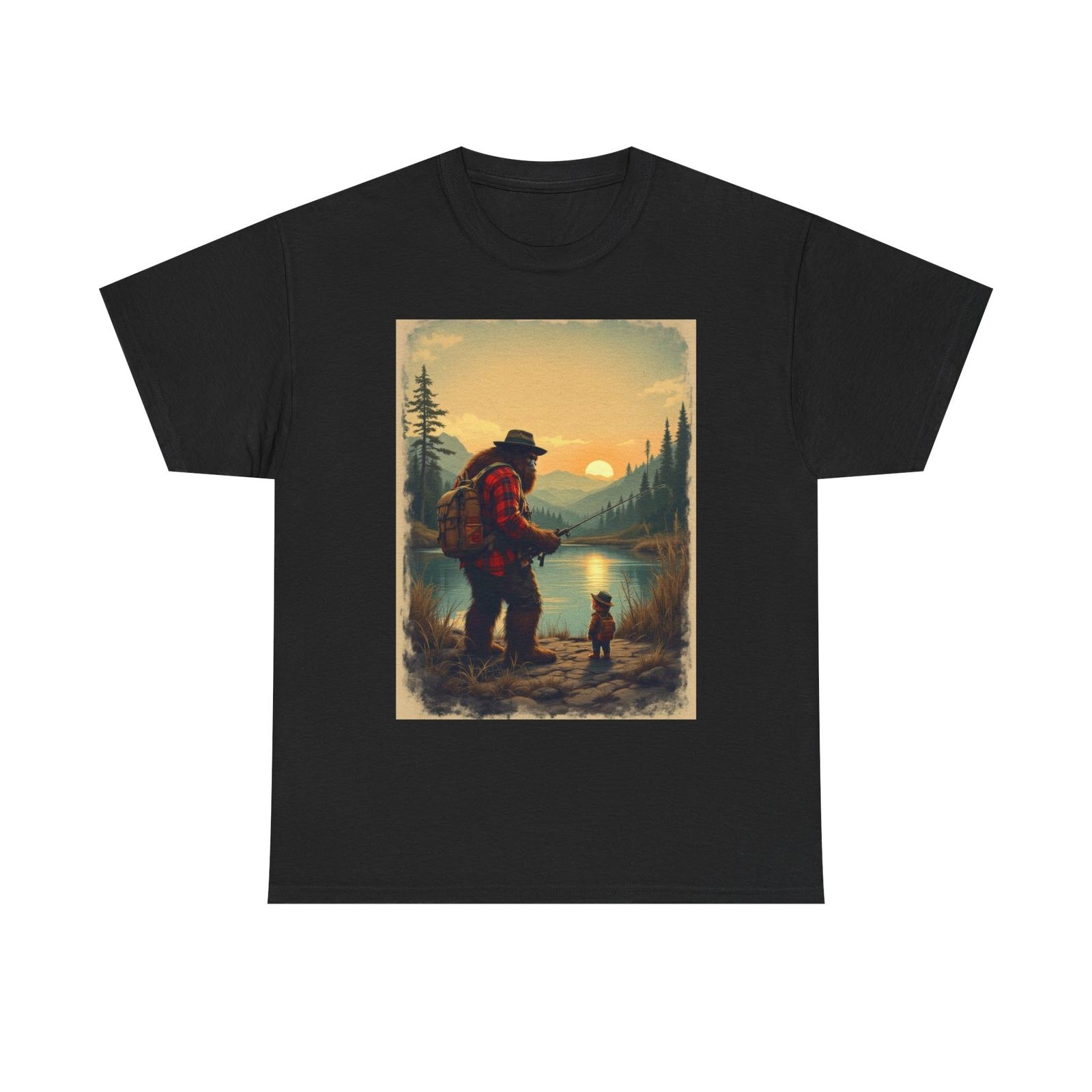 Bigfoot Goes Fishing T Shirt Funny Sasquatch & Cat Fishing Buddies Cryptid Humor S