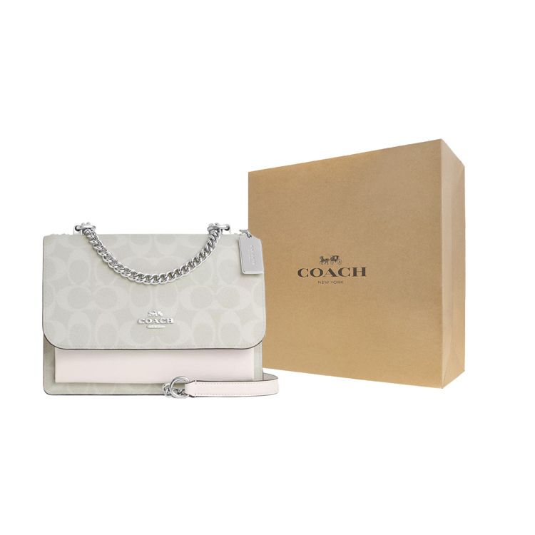 Coach Klare 21 Classic Monogram Flap Letter Logo Canvas And Leather Shoulder Crossbody Bag Small Women bags Glacier-White CP078-SVVS5