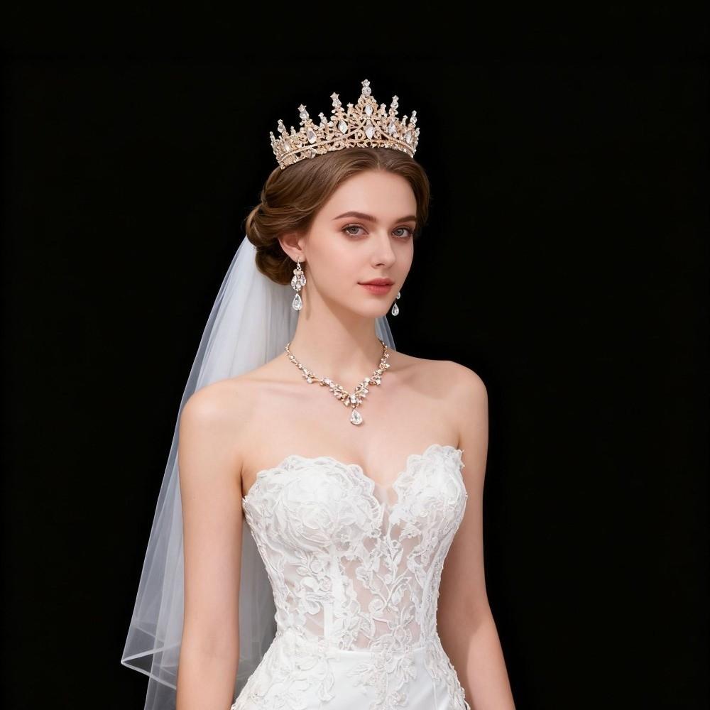 3 Pcs Hair Ornaments Bride Jewelry Sets Metal Necklace Earrings and Crown Sets  Dress Accessories