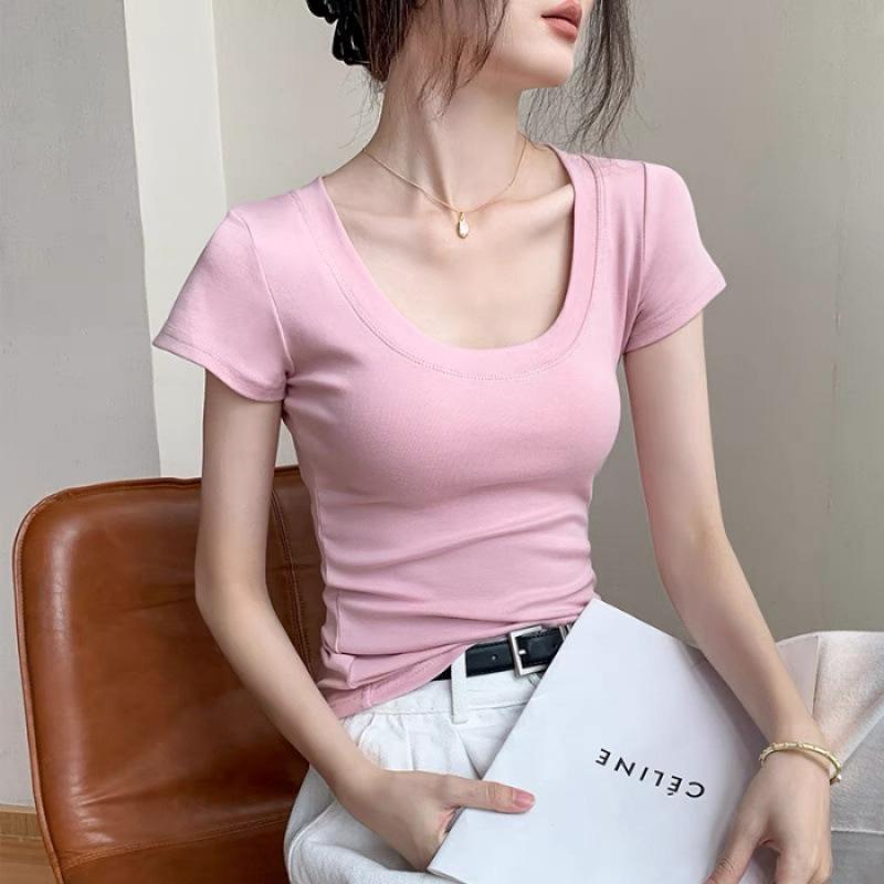 Slim-fit short-sleeved T-shirt women's summer new shoulder pure cotton waist-thin top large neckline bottoming shirt
