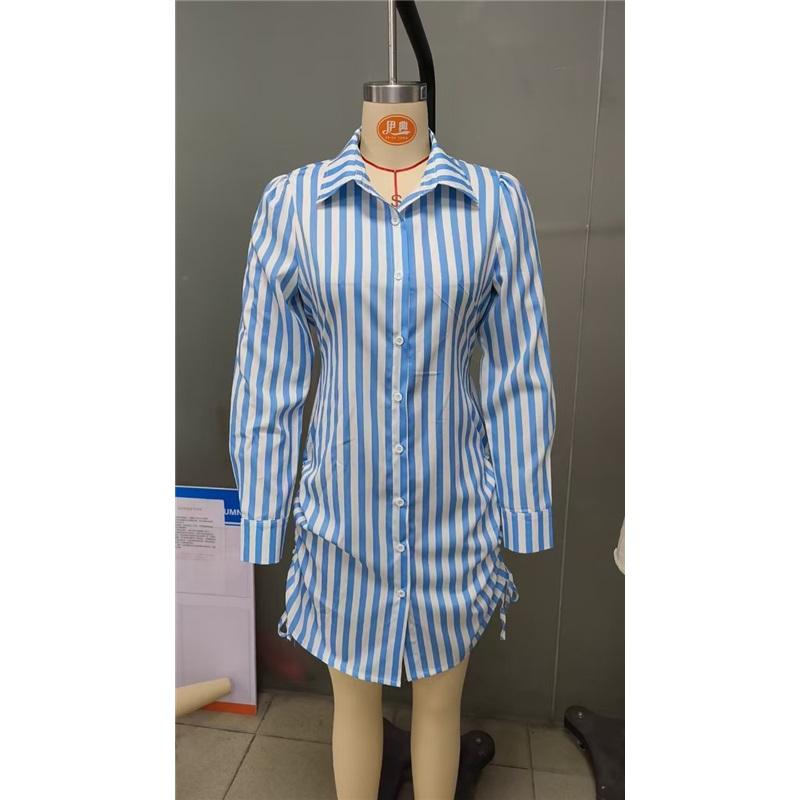 Women's long-sleeved POLO collar sexy side drawstring shirt dress