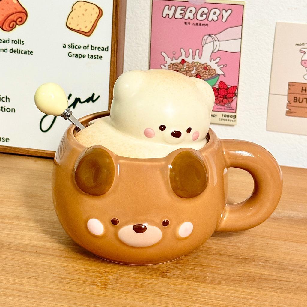 Cute Bear Ceramic Mug, Birthday Gift Cup, Gift Box for Girlfriends, Water Cup, Household Couple Cup with Lid