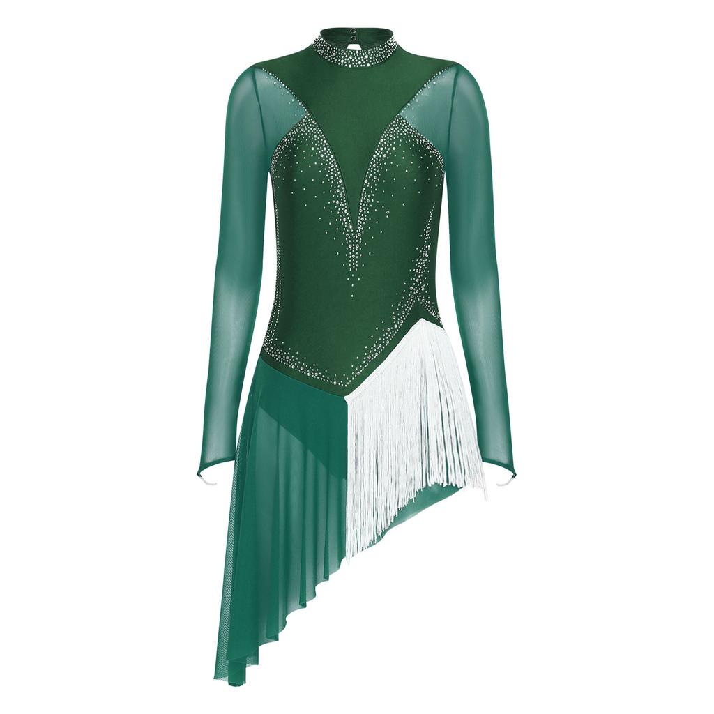 Womens Long Sleeve Skating Dress Sparkle Rhinestone Backless Irregular Hem Side Fringe Leotard Gymnastics Costume