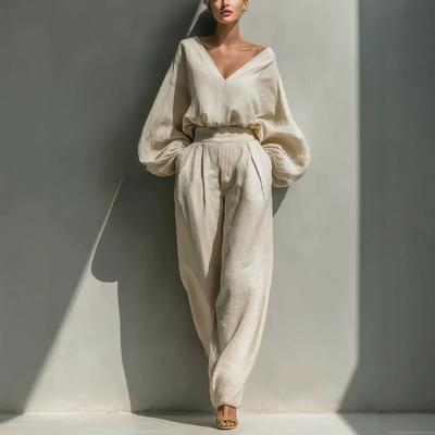 2026 Station Indépendante Chemise et Pantalon pour Femmes Européennes et Américaines Deux Manches Longues Mode Lâche Style Neutre Rétro Costume en Coton et Lin