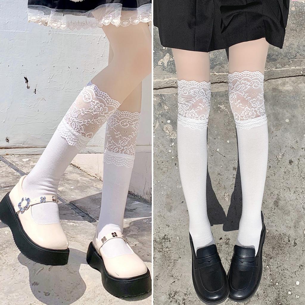 White Lace Calf Socks Women'S Lolita Medium Long Over Knee Socks With High Boots Sweet Thigh Pile Socks