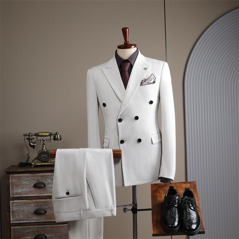 Men's High-End Double-Breasted Striped Slim-Fit Wedding & Business Suit Set