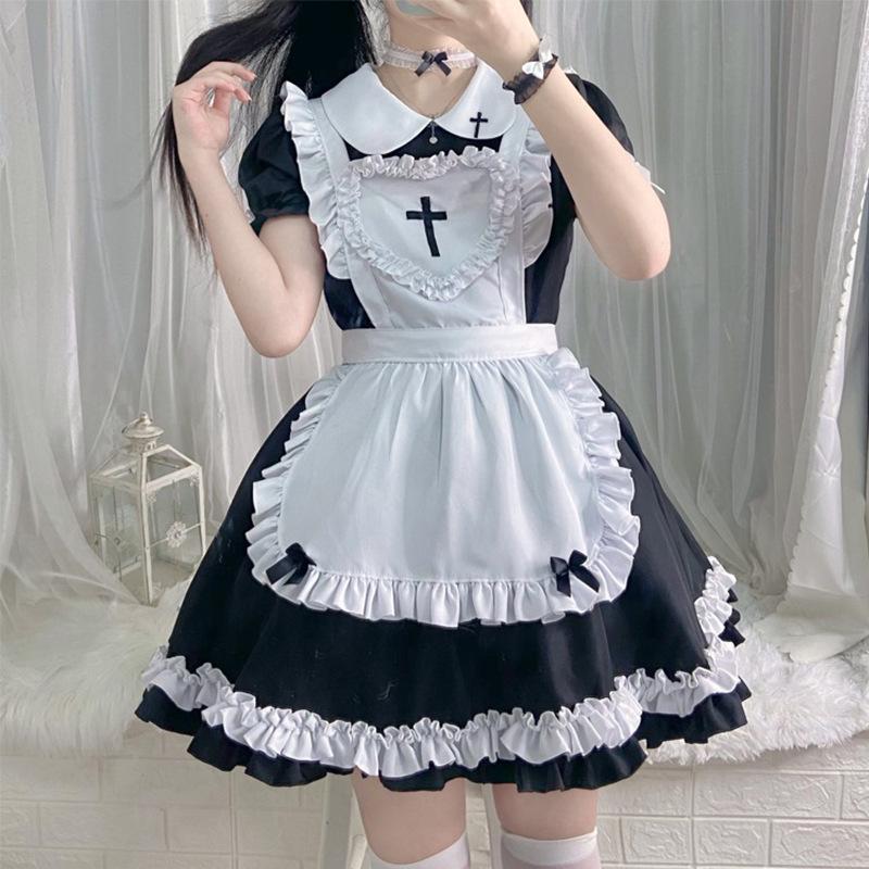 Japanese Classic Anime Maid Dress Cross Nurse Cosplay Maid Restaurant Uniform Pink White Dress Woman