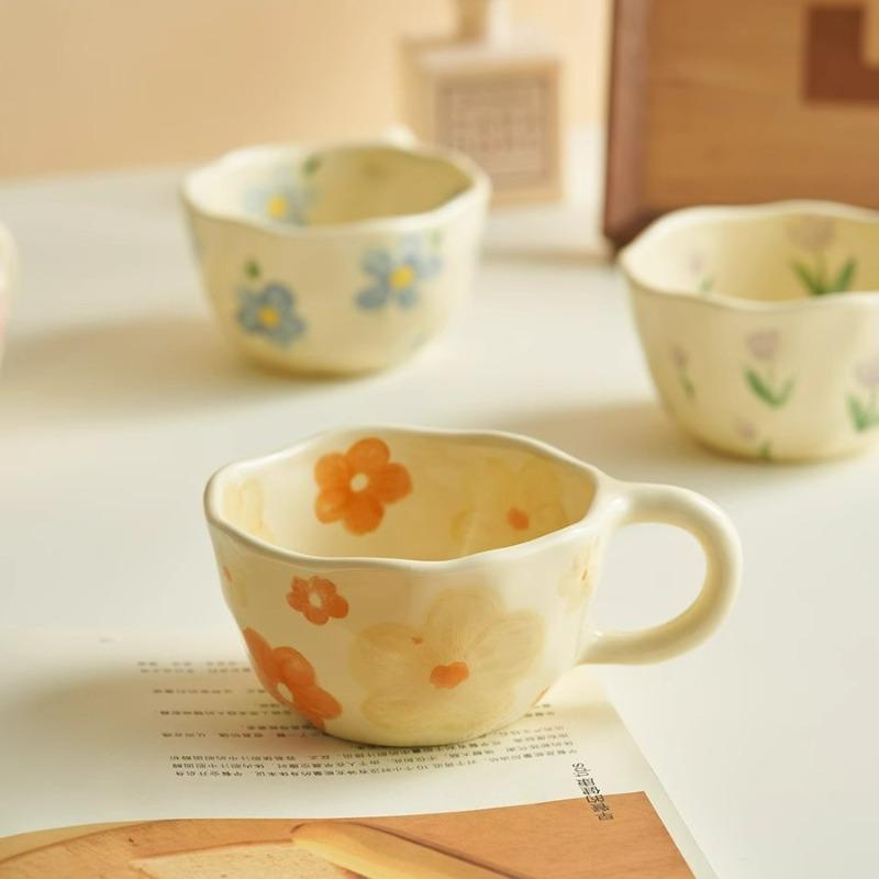 Hand-Pinched Ceramic Coffee Mug, Korean Style Floral Milk Tea Cup, Artisan Breakfast Drinkware, Unique Irregular Design