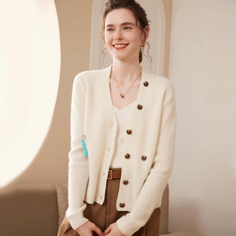 Women's V-Neck Cashmere Cardigan - Loose Long Sleeve Knit with Button Design Inspired by Ejiā