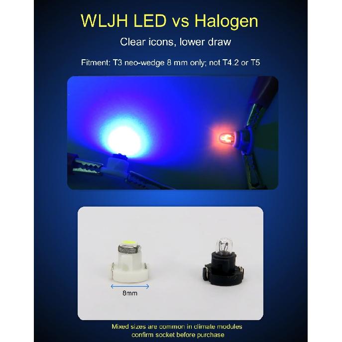 WLJH 10x Blue T3 Neo Wedge Led 3030 SMD Chip 8mm Base Car trument Cluster Light Dashboard Gauge HVAC AC Heater Climate Control Lamps Switch