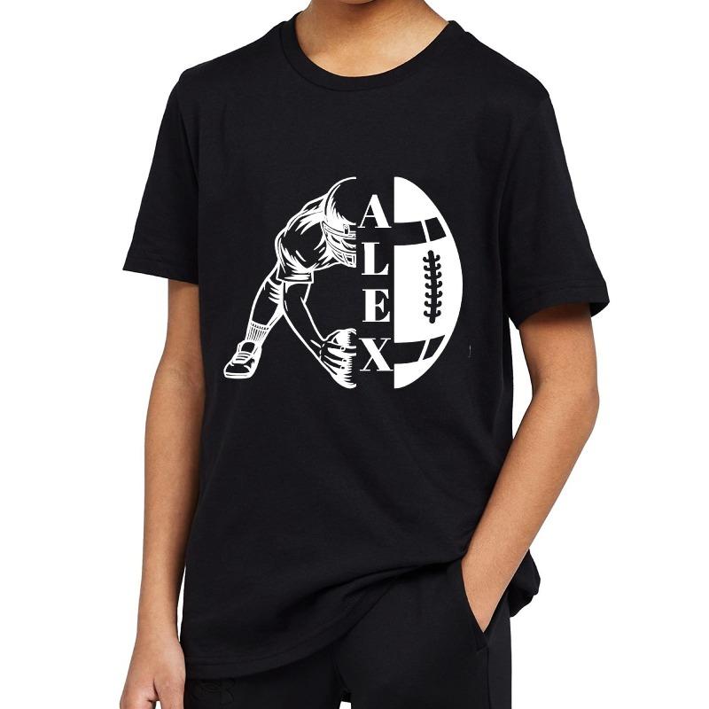 

European sizes Boys Black Fun Print T-Shirt, Personalized Name Football Design, Short Sleeve Crew Neck - Slightly Stretchy, Perfect Gift for Boys 98cm