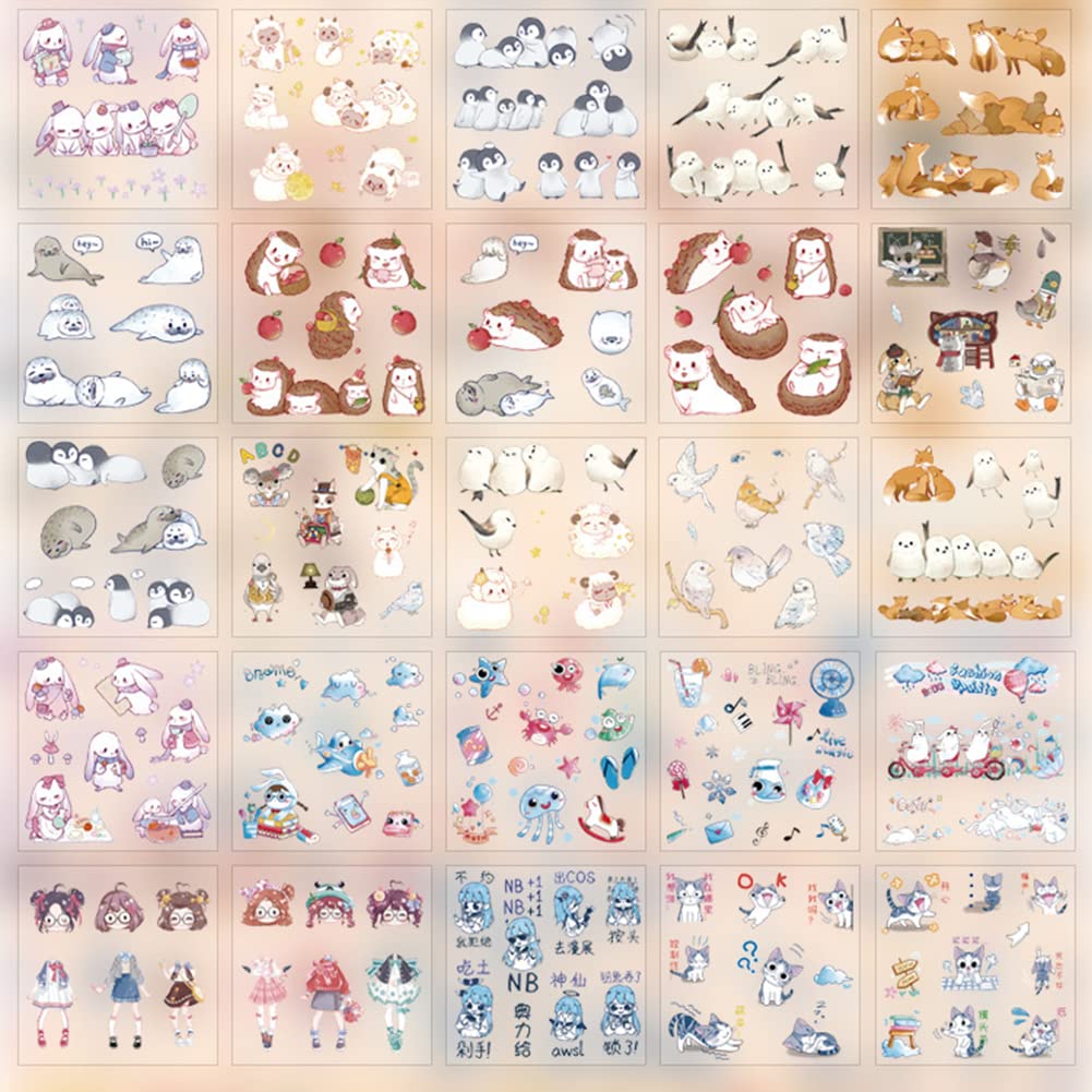 Misaki Planner Cute and Animal Washi Notebook 100 DIY Stickers for and Household Accounting PET 100 Sheets Stickers, Princess, Girl, Flower, Star,