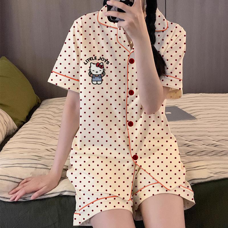 Damen Pyjama-Set im koreanischen Stil mit Cartoon-Polka-Dots – Kurzarm und Shorts, leichte Sommer-Homewear