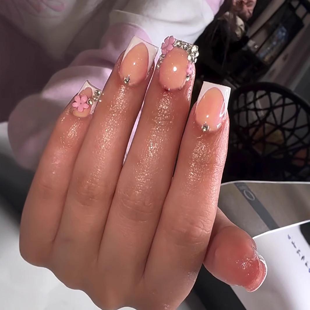 

French Pink Rhinestone Flower Detachable False Nails Glue Type