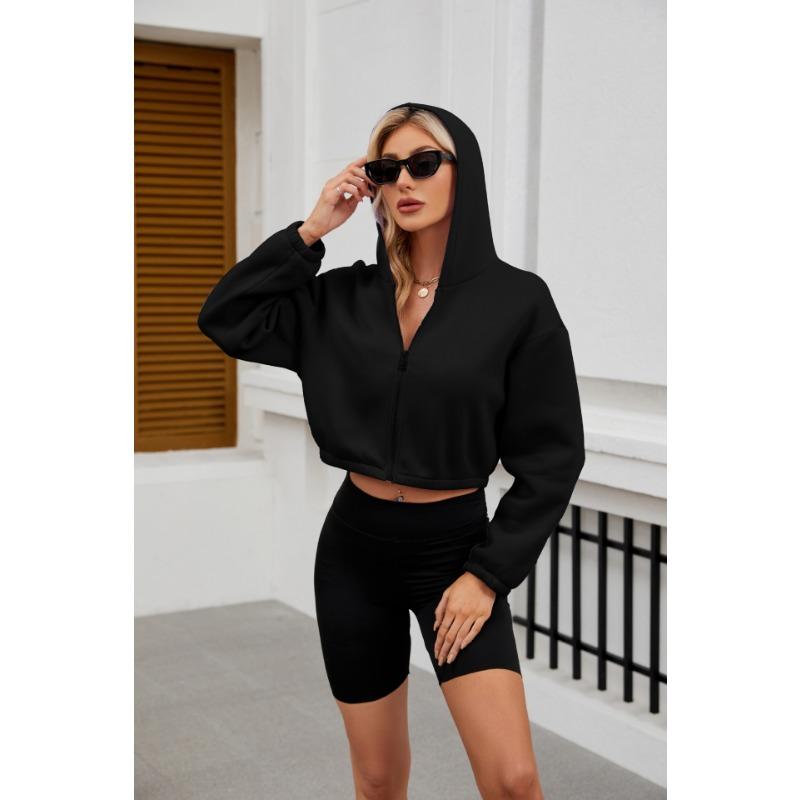 Осенне-зимняя женская модная однотонная короткая толстовка с капюшоном и завязками на молнии с длинным рукавом L чёрный