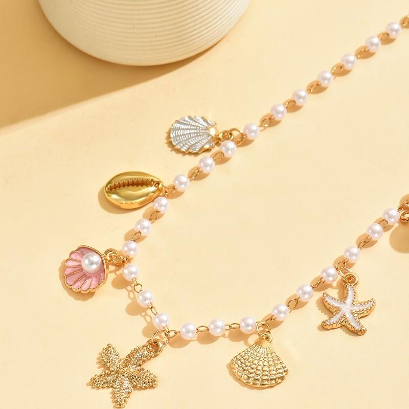 1PC Women'S Bohemian Gold Color Starfish & Shell Beaded Necklace with Imitation Pearl Summer Beach Jewelry