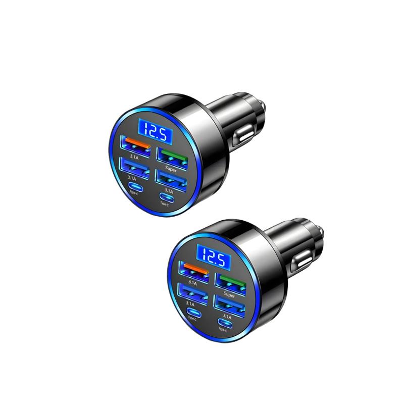 6 In 1 Car Charger Adapter Digital Display LED 4USB+2PD DC12-24V Fast Charging Cigarette Lighter Socket Multi Port for Phone