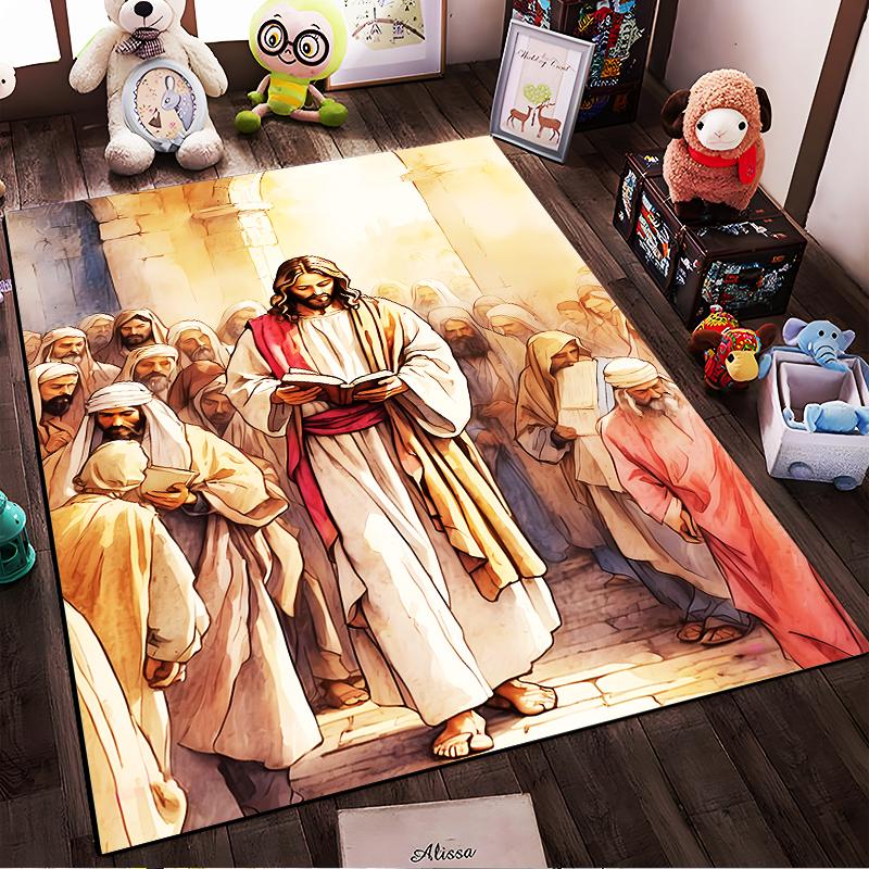 Religious Scene with Figures Reading - Non-slip rug suitable for living room and bedroom sofas."