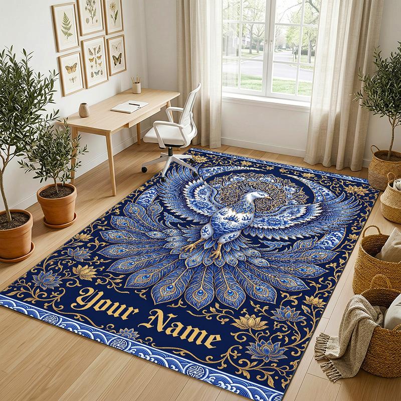Dragon Phoenix Theme Crystal Velvet Rug Personalized Custom Name Text Soft Floor Mat Home Decor
